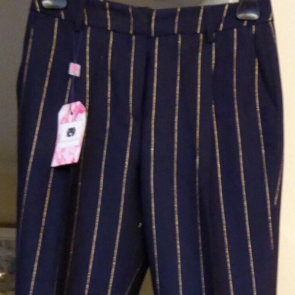 Vilagallo Wool Navy Gold Pin Stripe Front Pleat w/Cuffs Pant EU 38 USA 6 Women's - Picture 1 of 14